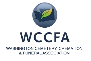 Logo for the Washington Cemetery, Cremation & Funeral Association, featuring a map of Washington State and a leaf.