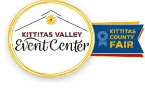 Kittitas Valley Event Center logo: Circle with building, sun, and text. Kittitas County Fair ribbon.
