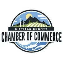 Kittitas County Chamber of Commerce logo with mountains, wind turbines, fields, and fish.