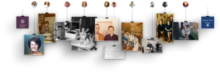Timeline of photos held by black clips; portraits, group shots, and celebratory graphics, with floating circular avatars.