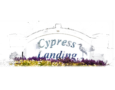 A sign for cypress landing is surrounded by flowers and birds.