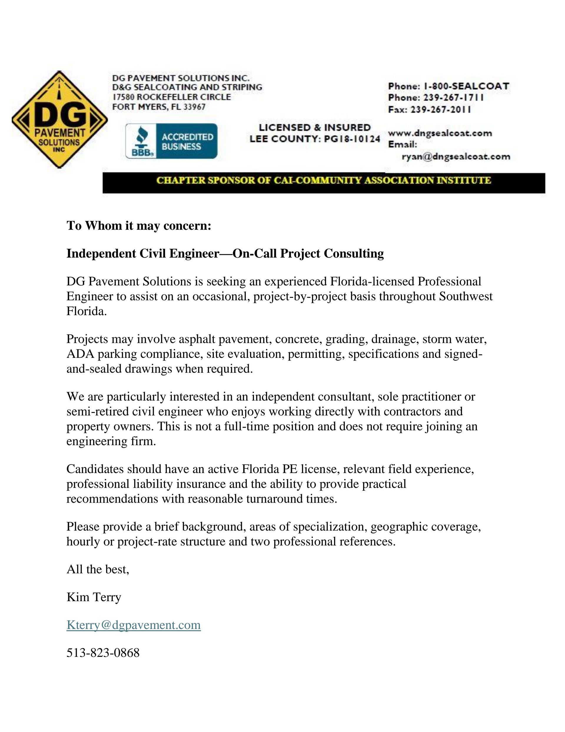 Independent Civil Engineer—On-Call Project Consulting
DG Pavement Solutions is seeking an experienced Florida-licensed Professional Engineer to assist on an occasional, project-by-project basis throughout Southwest Florida.