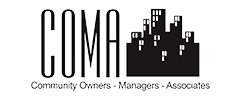 A black and white logo for coma community owners managers associates