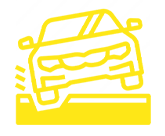 A yellow icon of a car driving down a road.