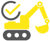 A yellow excavator with a check mark on it.