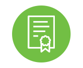 An icon of a certificate with a ribbon in a green circle.