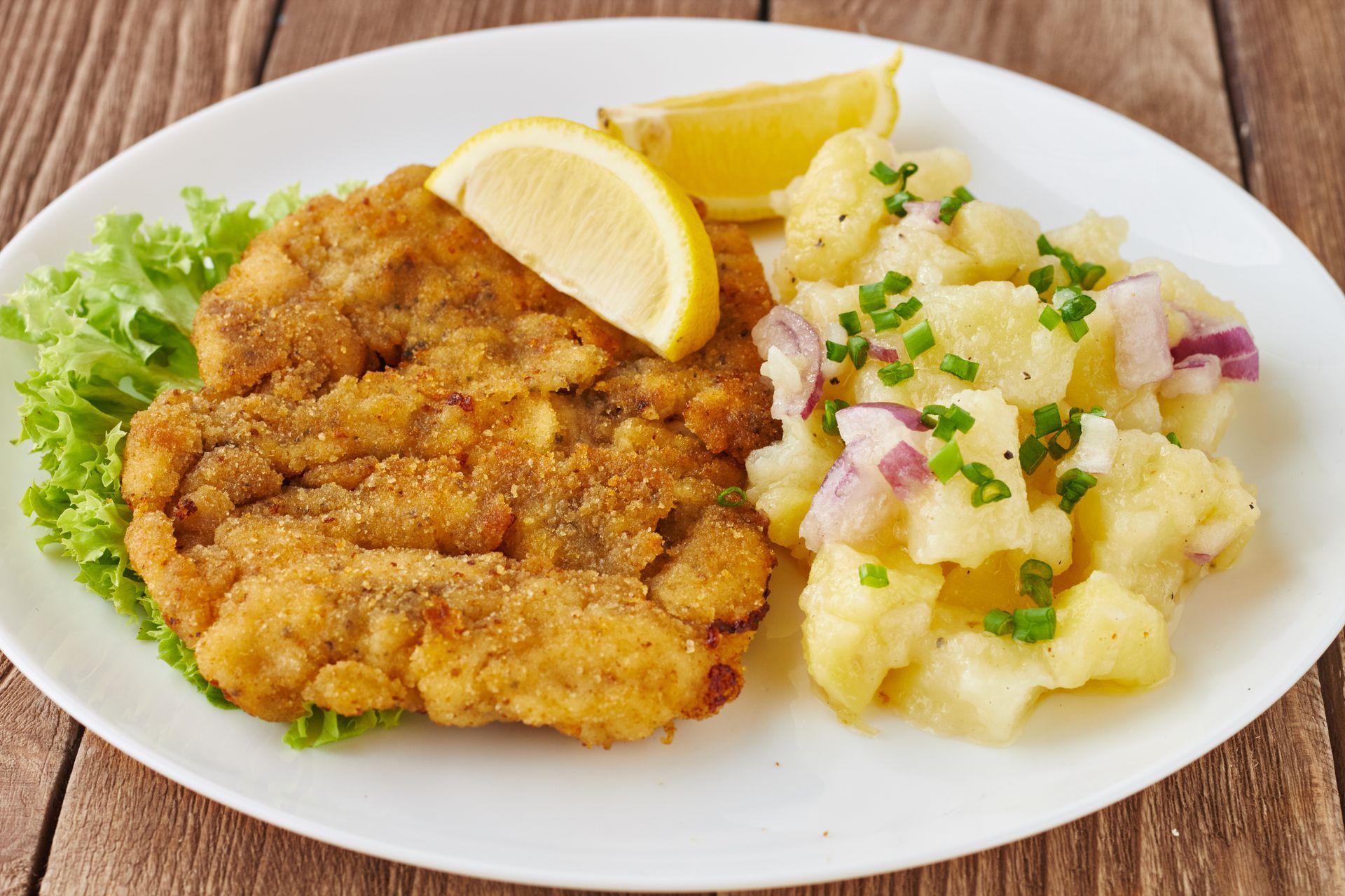 Paniertes Fleischschnitzel mit Kartoffelsalat und Zitronenspalten auf einem weißen Teller.