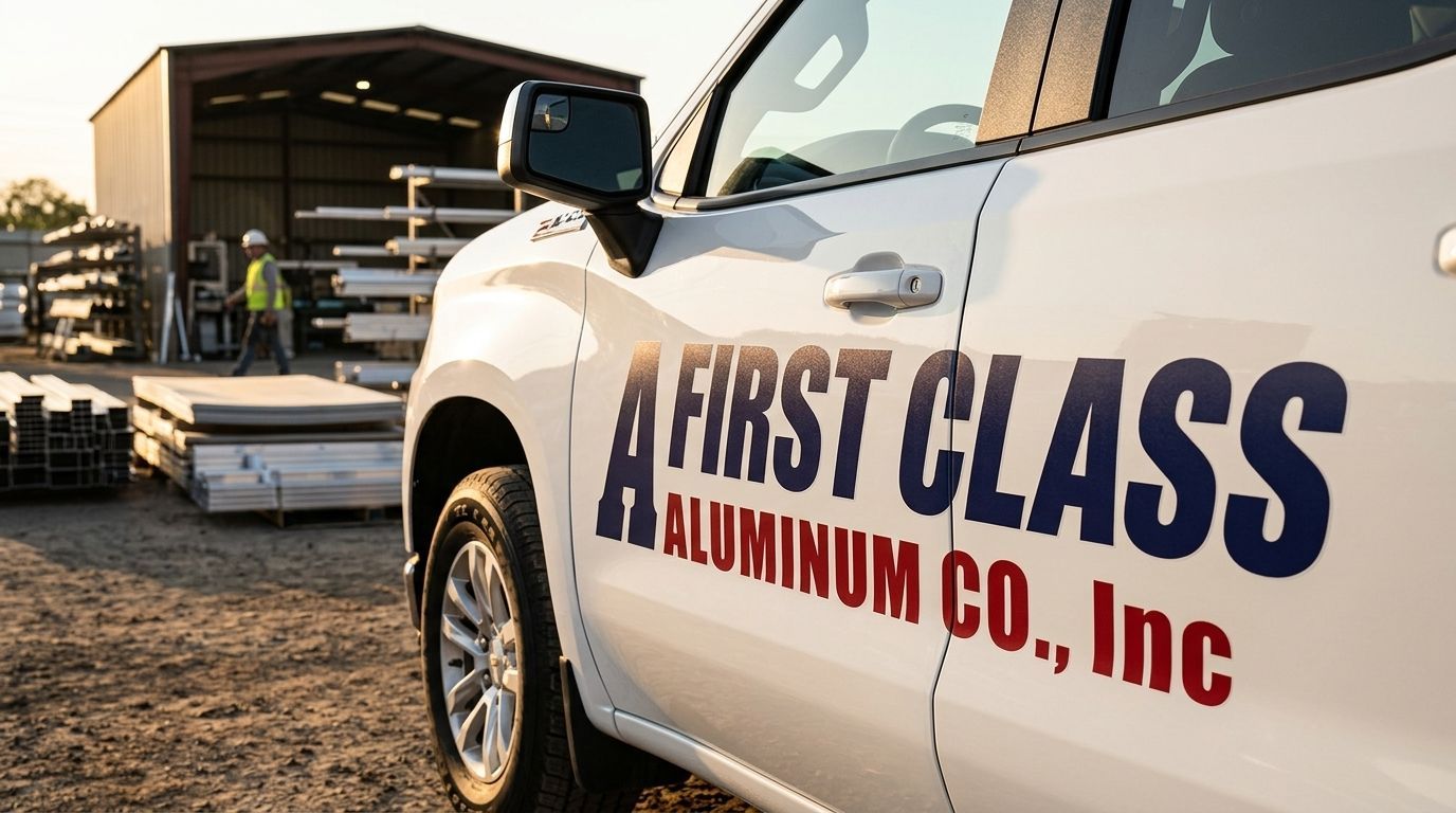 White pickup with “A First Class Aluminum Co., Inc” logo parked beside a work truck and loading bay