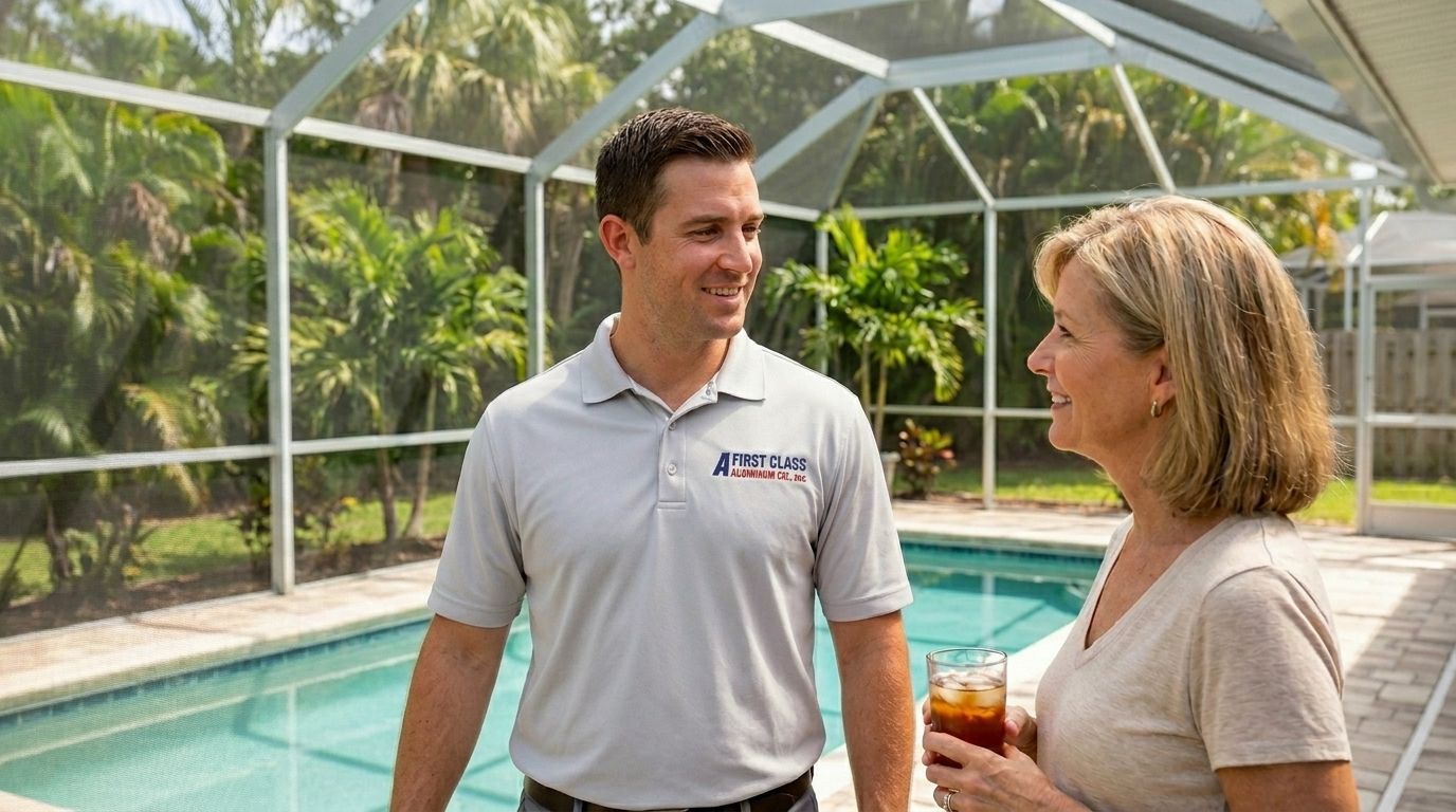 Two people chatting beside a screened pool with palm trees in the background, one holding a drink.