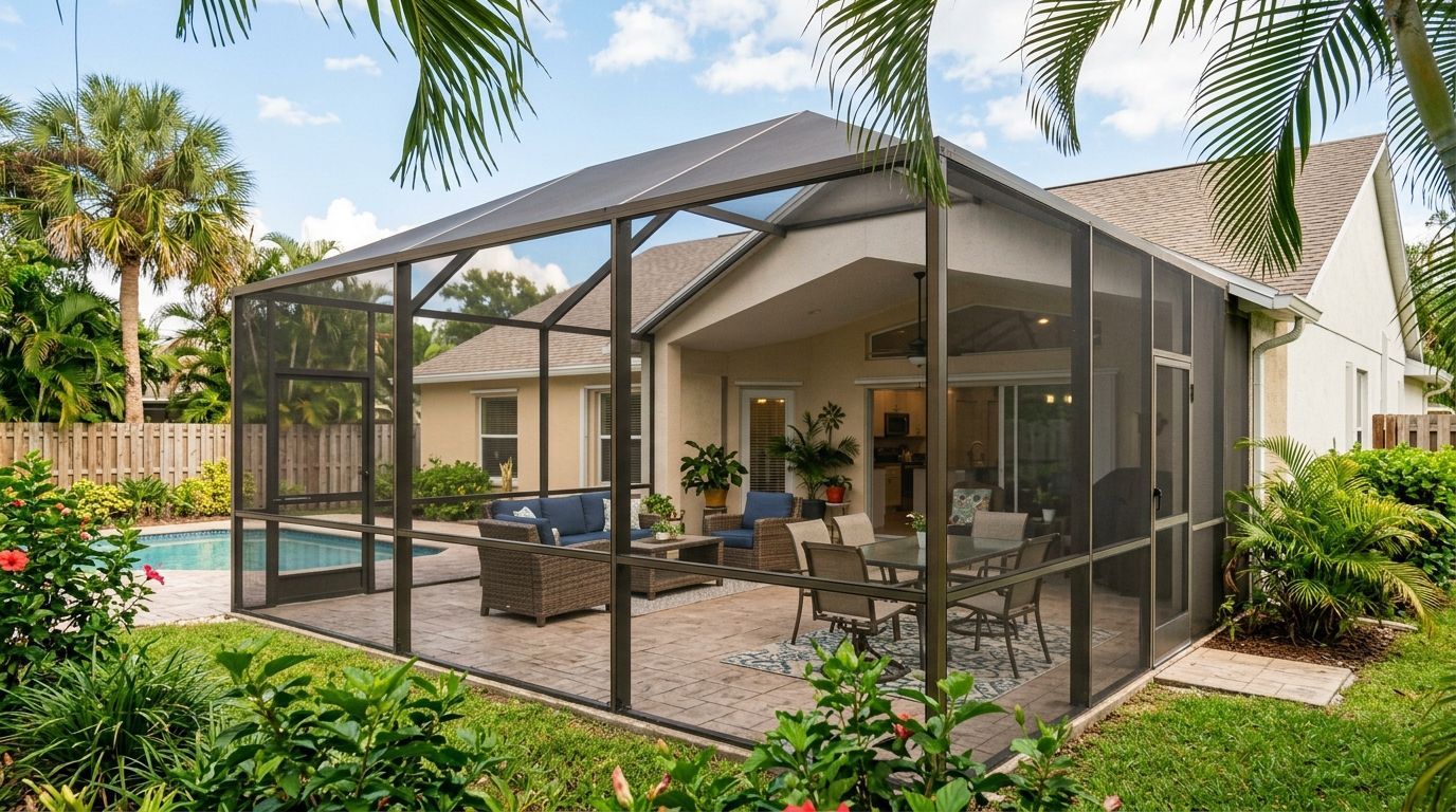 Screened patio with outdoor seating beside a suburban house and lush landscaping