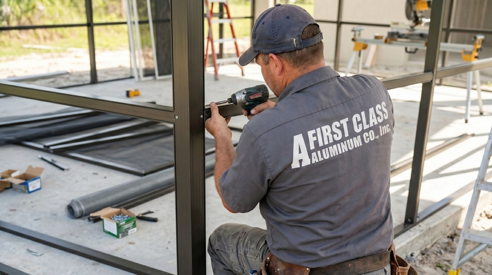 Worker in navy shirt measuring a black metal frame at a construction site