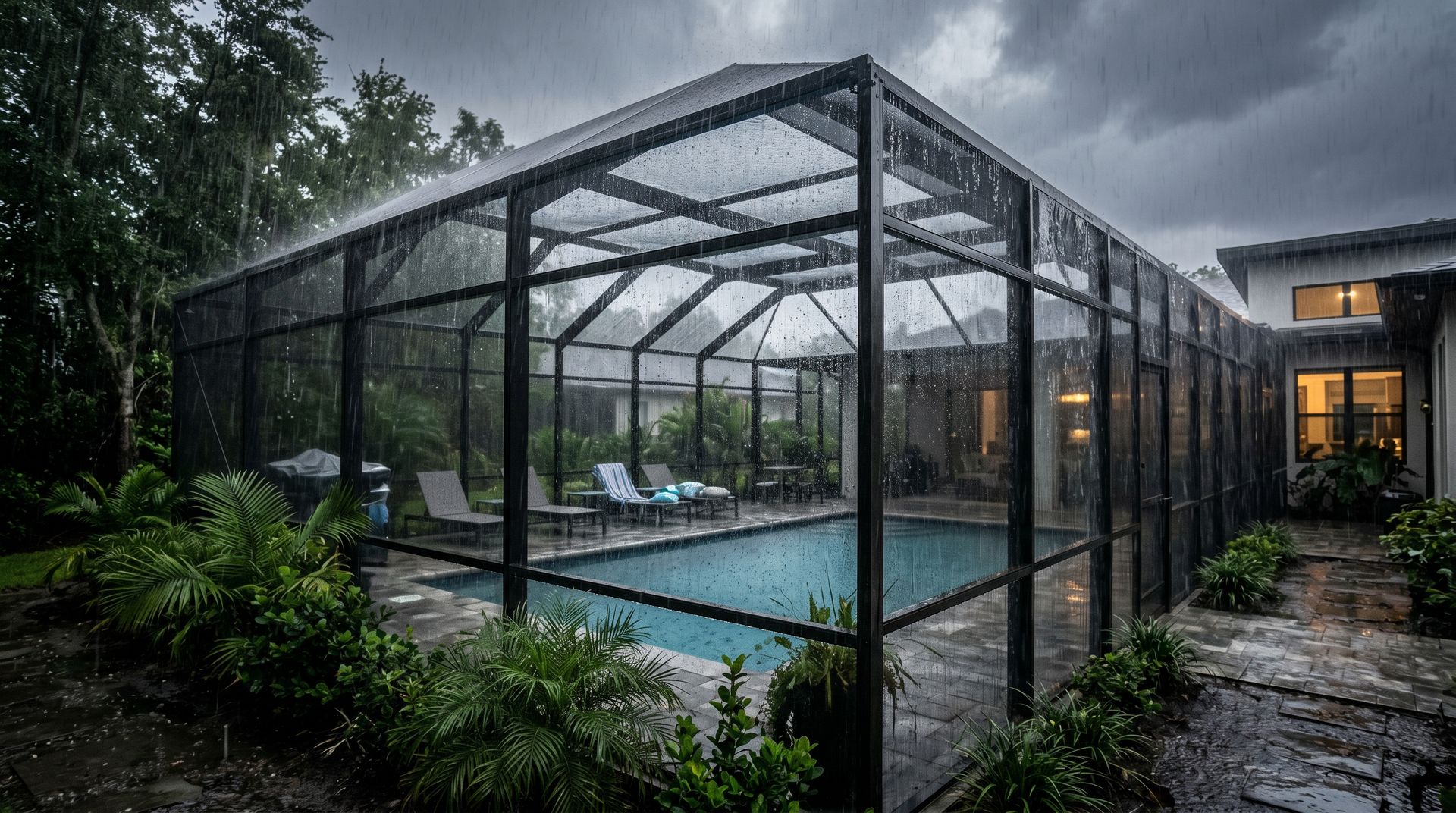 Screened outdoor pool enclosure beside a house in the rain, with lush greenery and wet stone walkway
