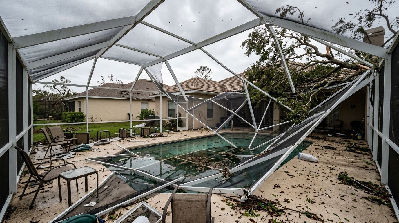 Damaged pool cage structure caused by strong storm winds