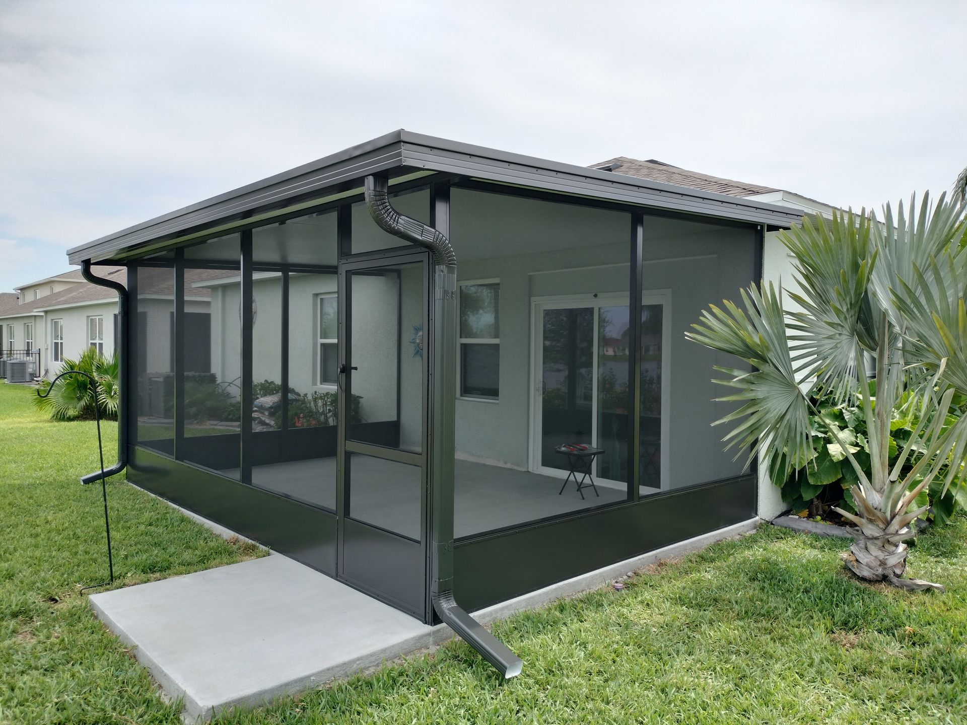 Screened backyard patio with dark green framing, glass doors, and a small concrete step beside a palm plant.