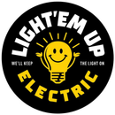Black logo with smiling light bulb and text: “LIGHT’EM UP ELECTRIC” and “WE’LL KEEP THE LIGHT ON.”