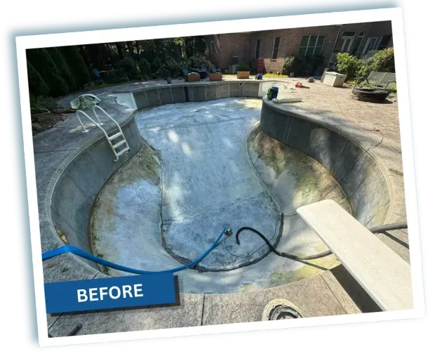 Empty drained backyard swimming pool with ladder and hose, labeled “BEFORE”