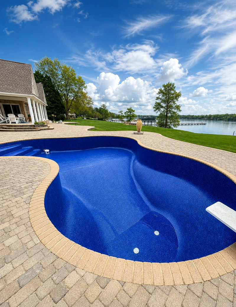 Blue in-ground pool beside a lakeside yard, with stone patio, trees, and a partly cloudy sky.