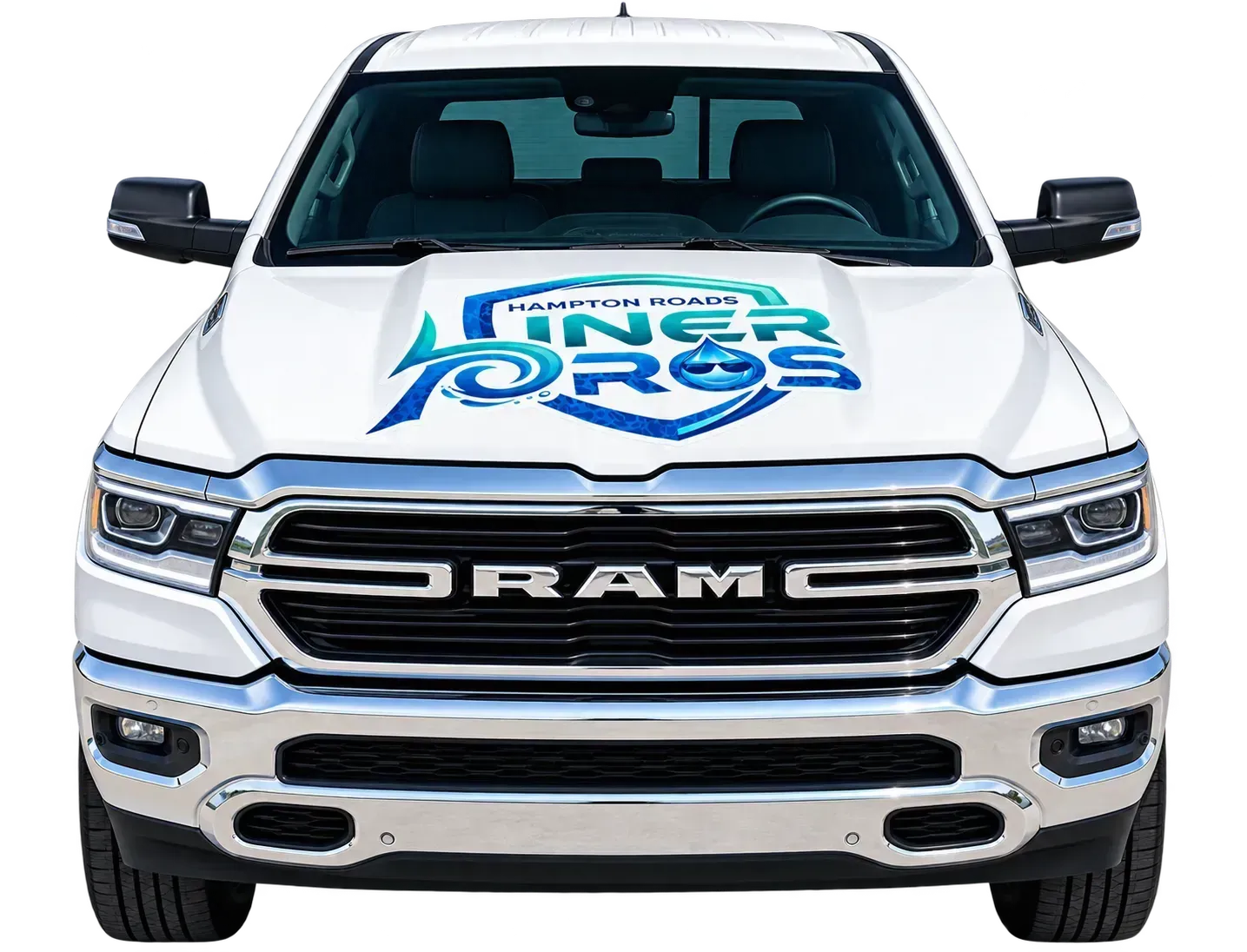 White RAM pickup truck with blue “2025” promotional hood graphic, front view