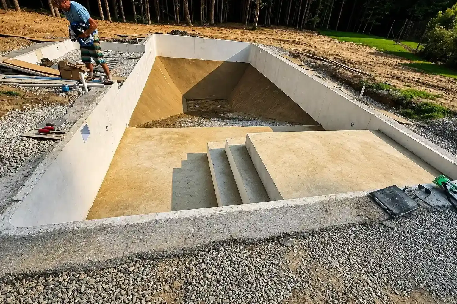 Rectangular concrete pool under construction with steps and a worker at the edge