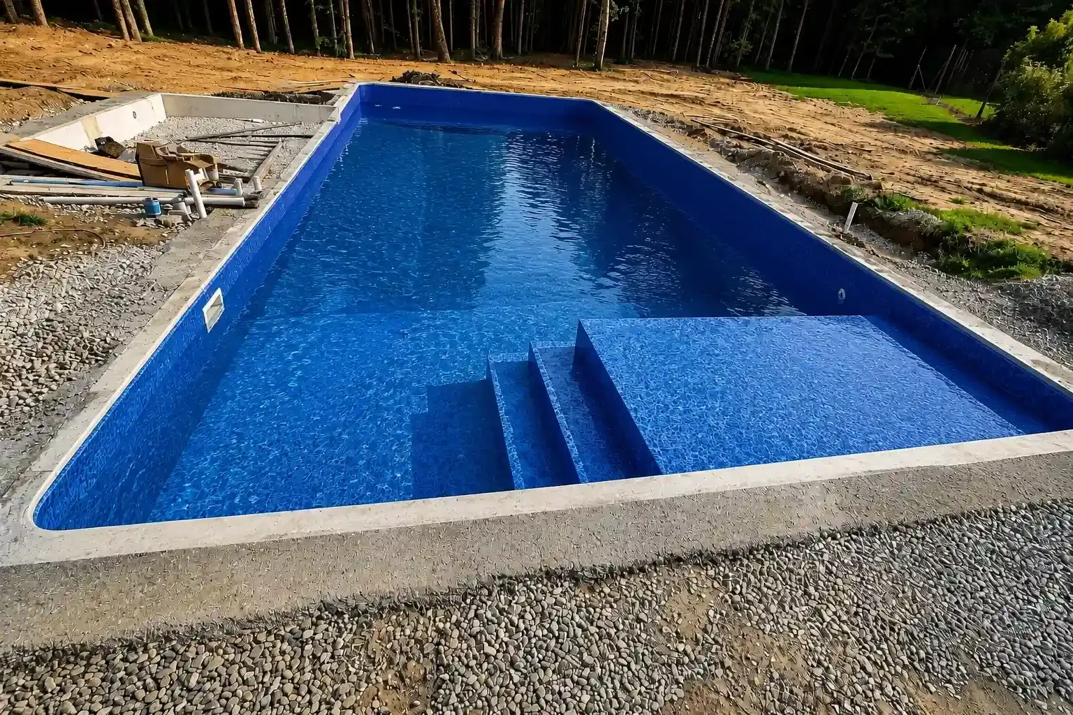 Rectangular in-ground pool with blue liner, concrete edge, and gravel surroundings in a wooded yard