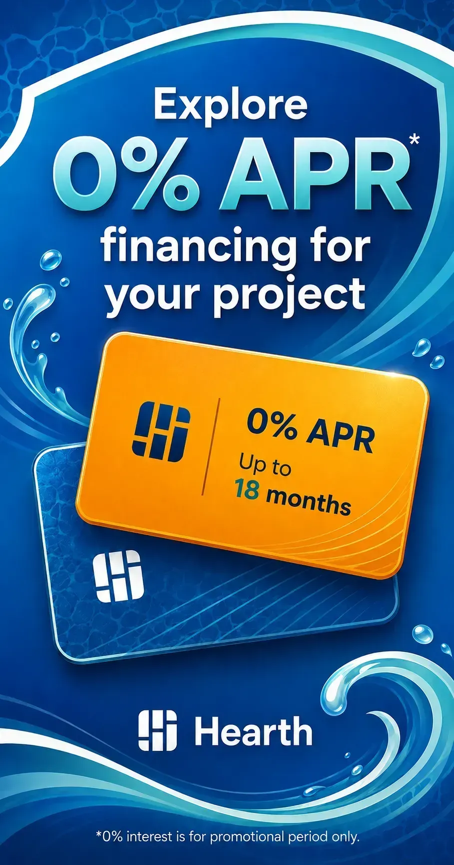 Blue Hearth ad promoting 0% APR financing for 18 months with an orange card graphic.
