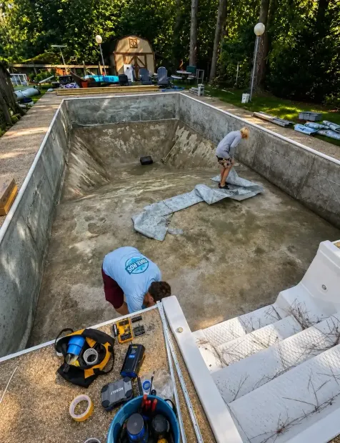 Workers repairing an empty concrete pool with tools and materials scattered around it