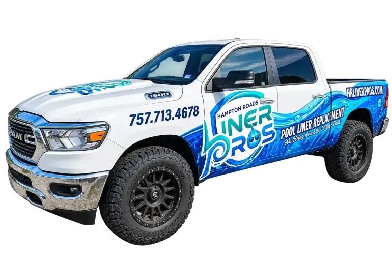 Blue-and-white pickup truck with “Linear Pros” branding and phone number on the side
