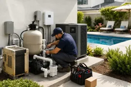 Technician repairing pool equipment beside a backyard pool, with tools and HVAC units nearby.