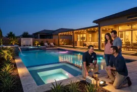 People gathered by a lit backyard pool at dusk, with a house and patio glowing in the background.