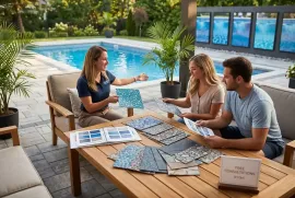 People reviewing color and tile samples at a poolside patio table with a backyard pool in view