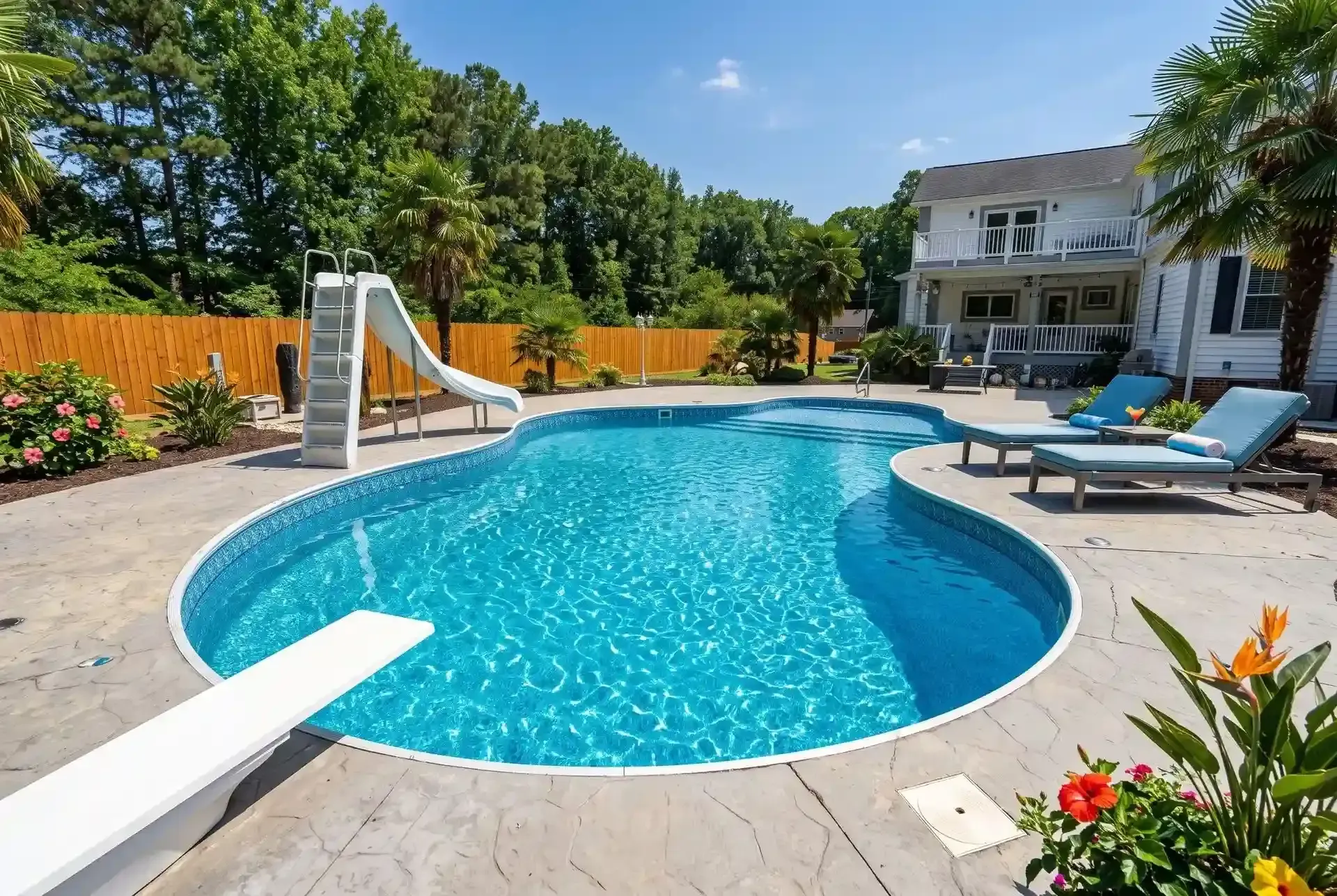 Backyard pool with slide, lounge chairs, and a house in the background