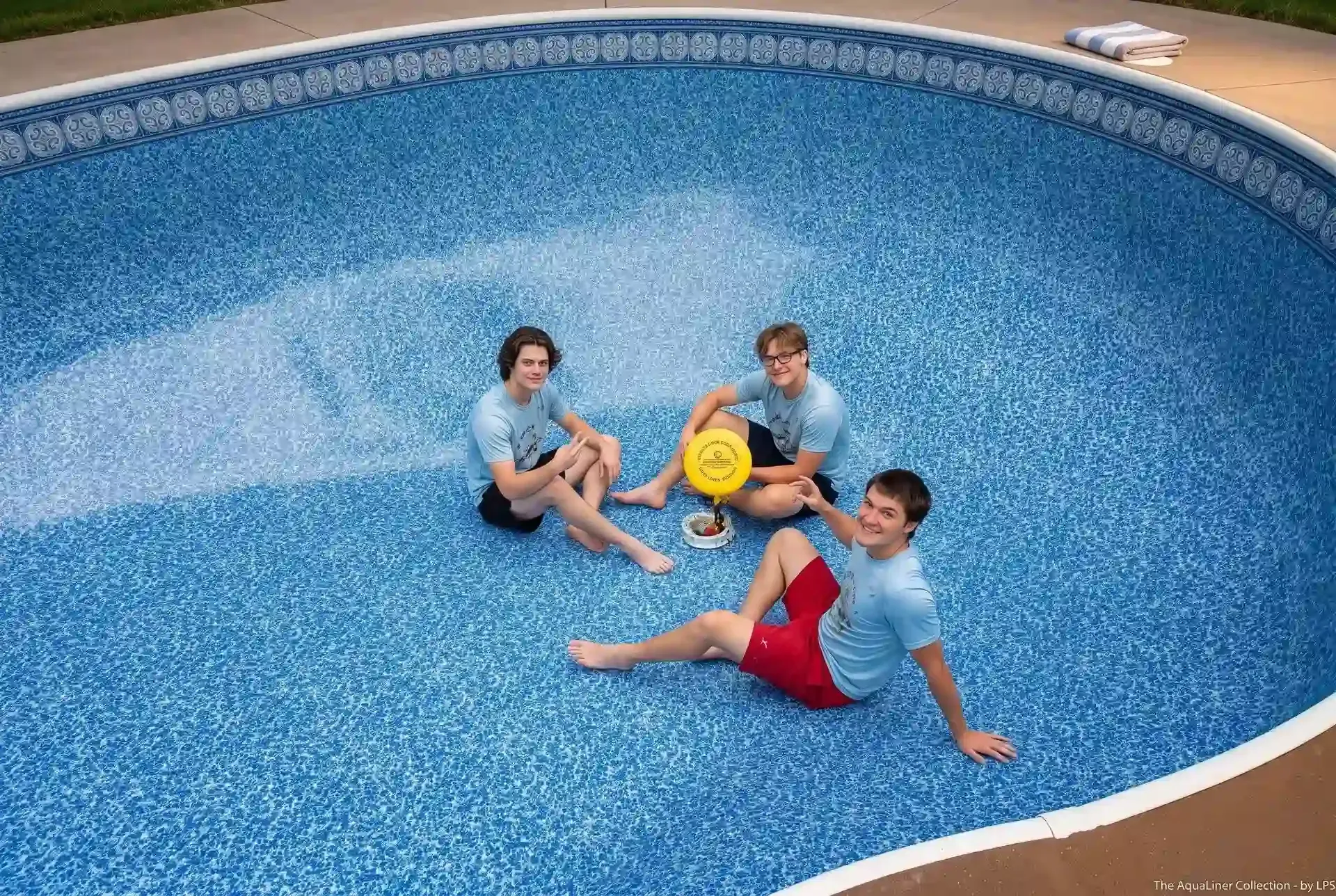Three children sitting in an empty blue swimming pool with a yellow float toy