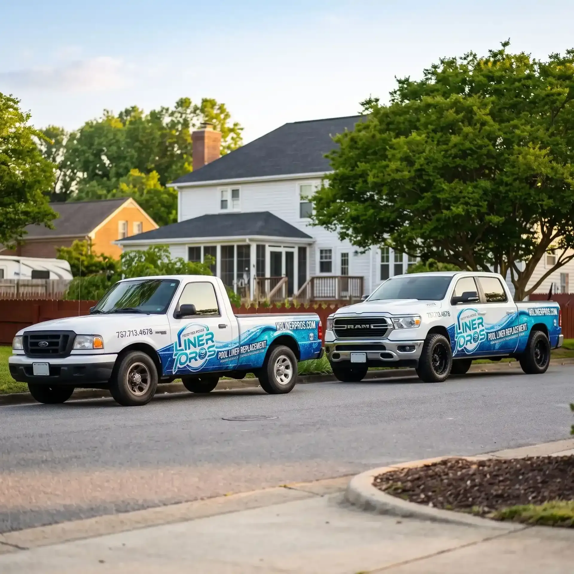 Two branded pickup trucks parked on a suburban street in front of a white house