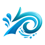 Abstract blue water swirl with splashes, resembling a wave or liquid logo
