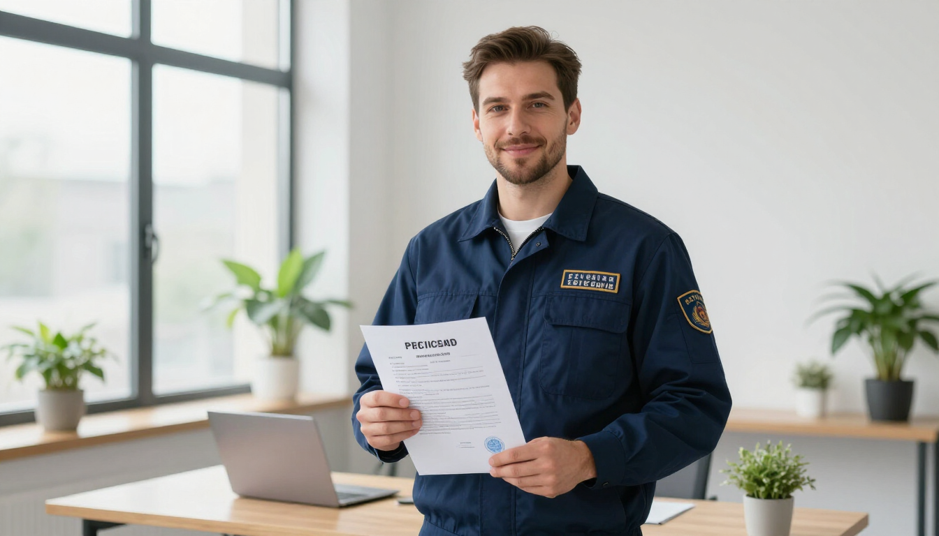 Técnico profesional mostrando certificado oficial