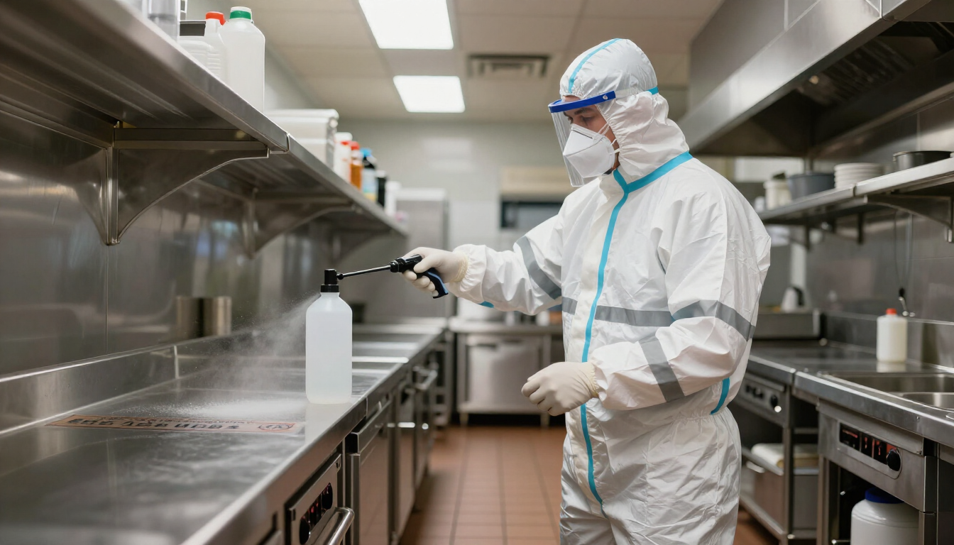 Técnico realizando fumigación profesional en cocina