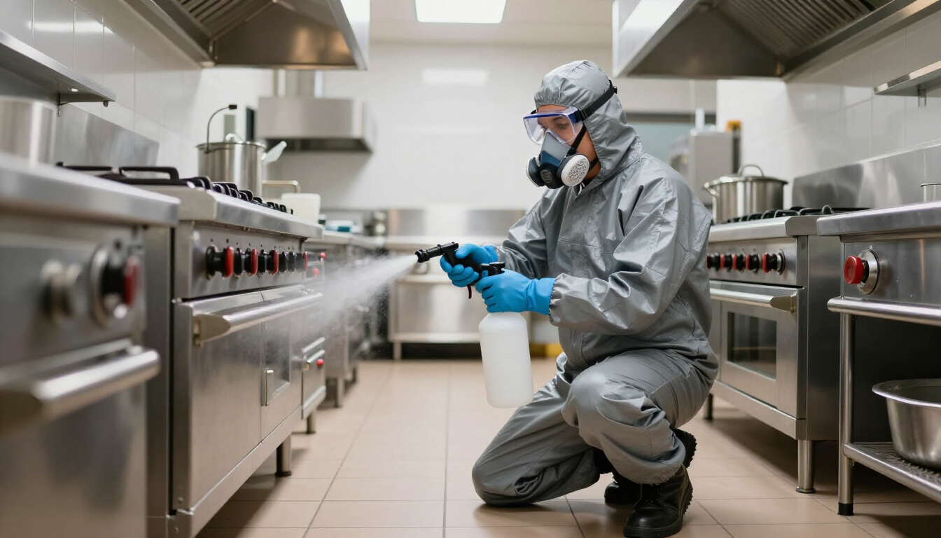 Técnico de fumigación en cocina de hotel