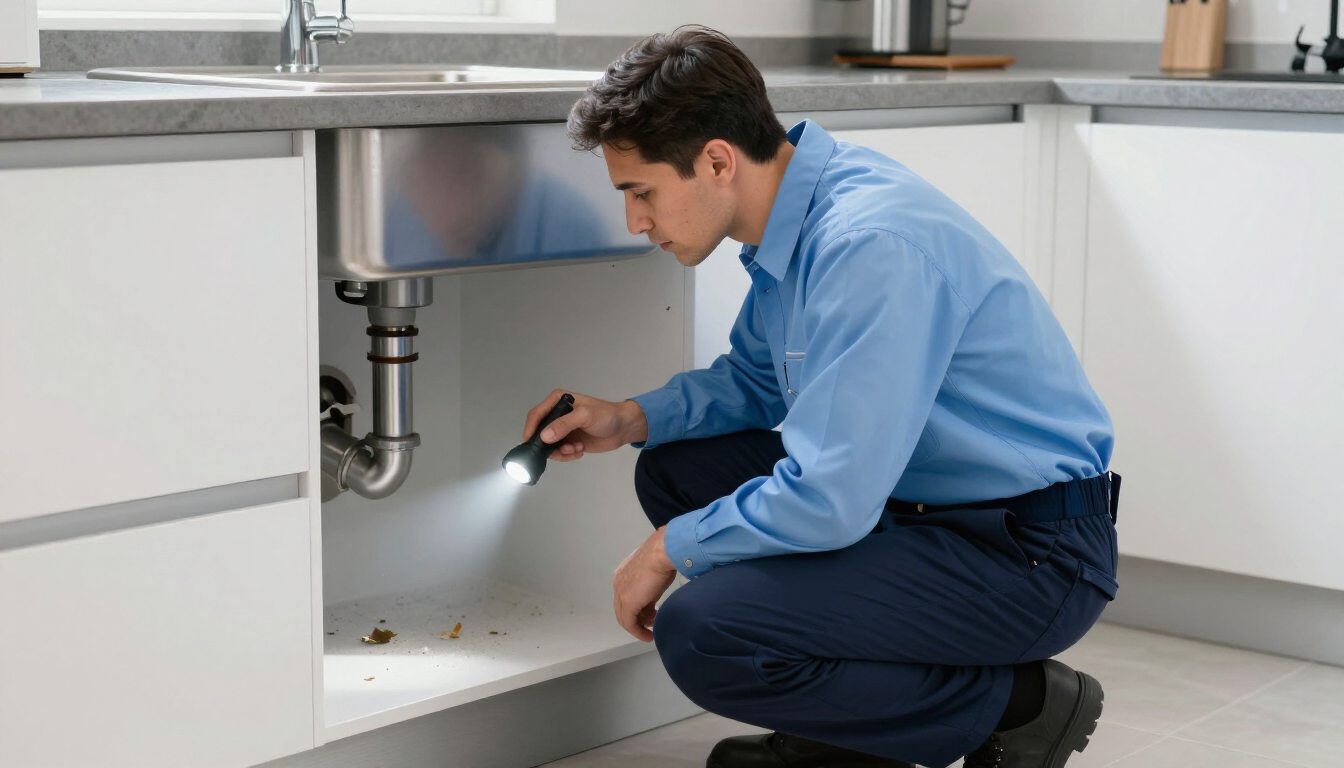 Técnico inspeccionando cocina por cucarachas