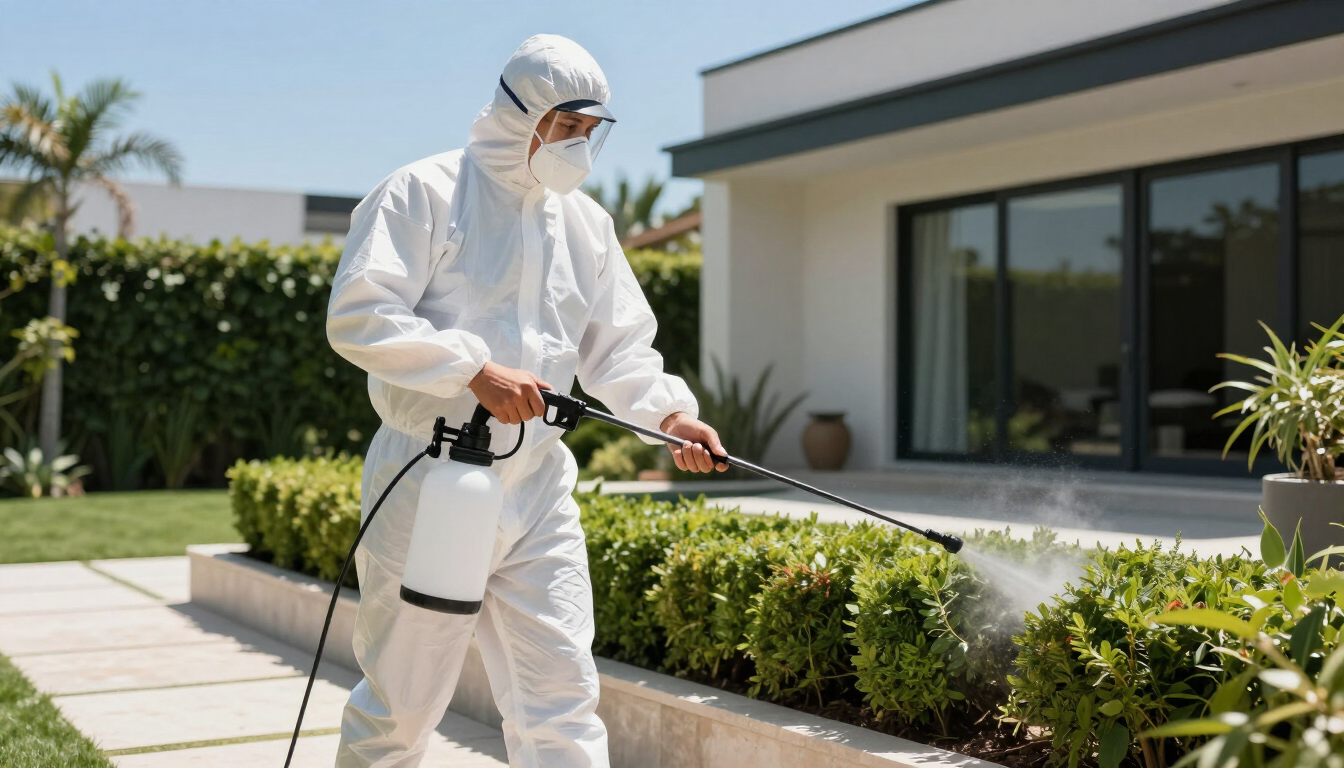 Técnico realizando fumigaciones en Cuernavaca en una zona residencial.