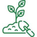 A green icon of a small plant growing out of a patch of soil next to a handheld trowel.