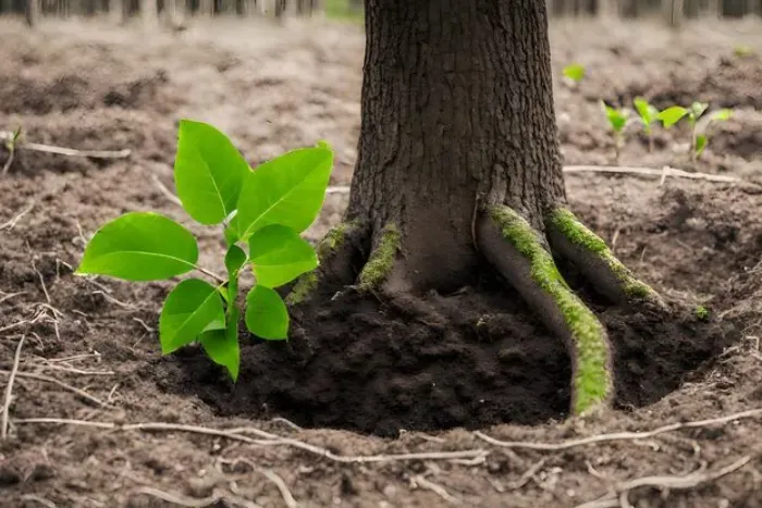 Small green plant sprouts beside a mature tree trunk in brown soil.