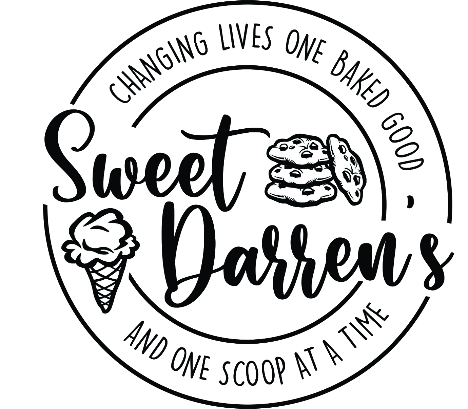Sweet Darrens bakery logo with cupcake, cookies, and slogan “Changing lives one baked good and one scoop at a time”