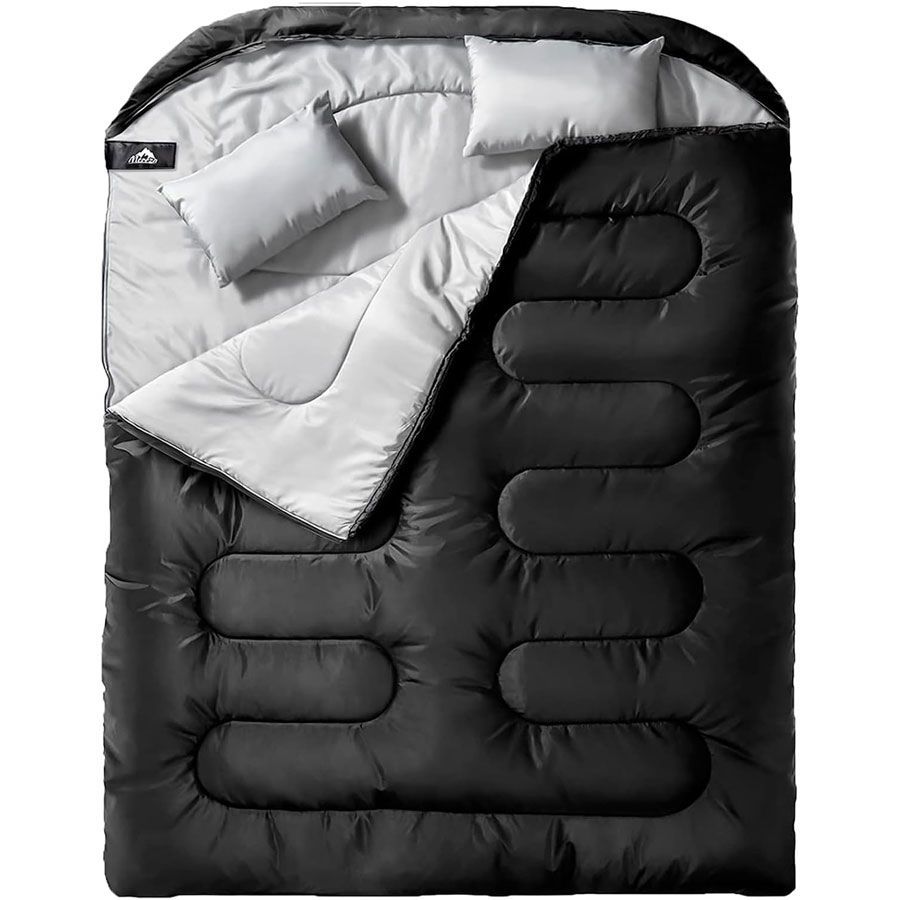 Double sleeping bag with pillows for two people and a great christmas or birthday gift for a couple who loves to camp outdoors