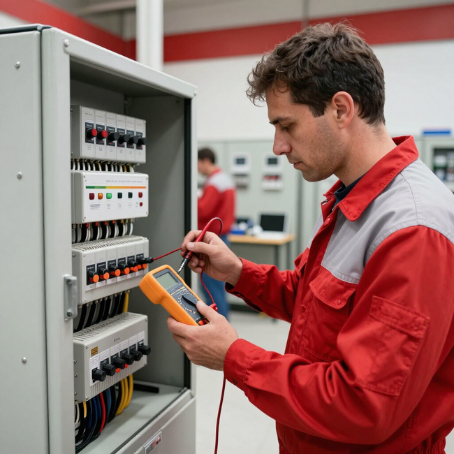 Técnico probando un panel de control eléctrico con un multímetro en un taller.