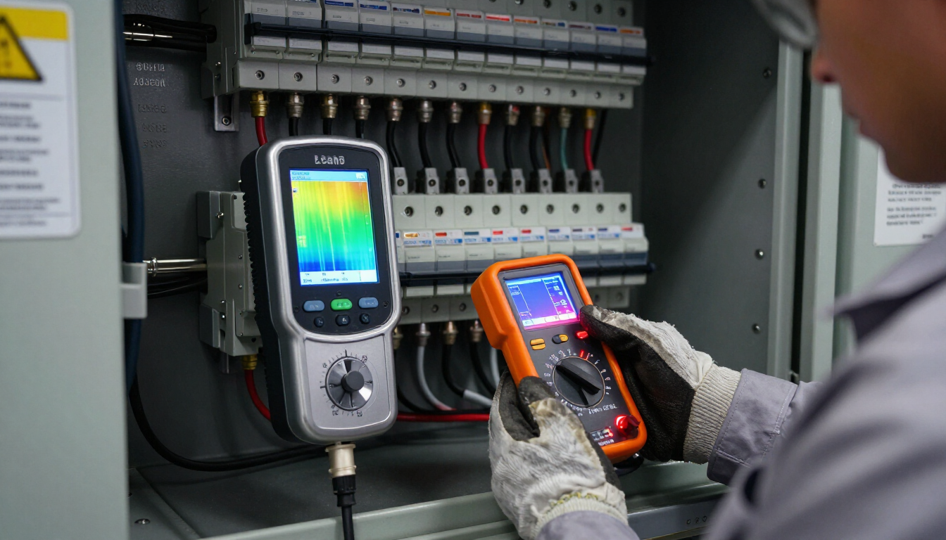 Técnico utilizando una cámara térmica para inspeccionar un panel de control eléctrico.