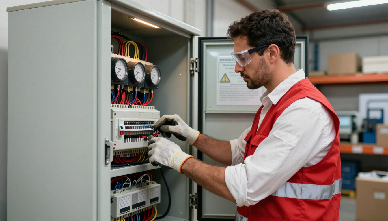 Técnico con chaleco de seguridad rojo ajustando controles dentro de un panel eléctrico abierto.