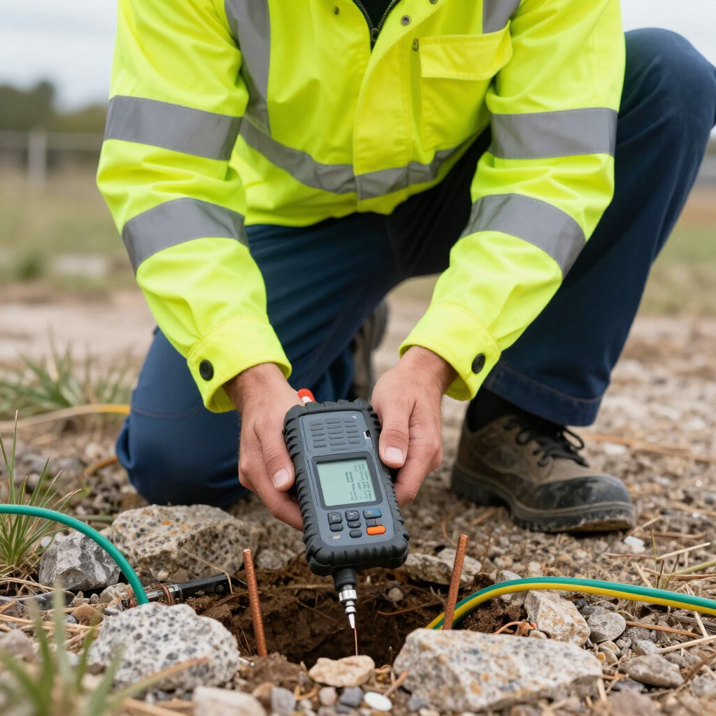 Un técnico con un chaleco reflectante utiliza un medidor portátil para analizar el suelo cerca de los cables expuestos.