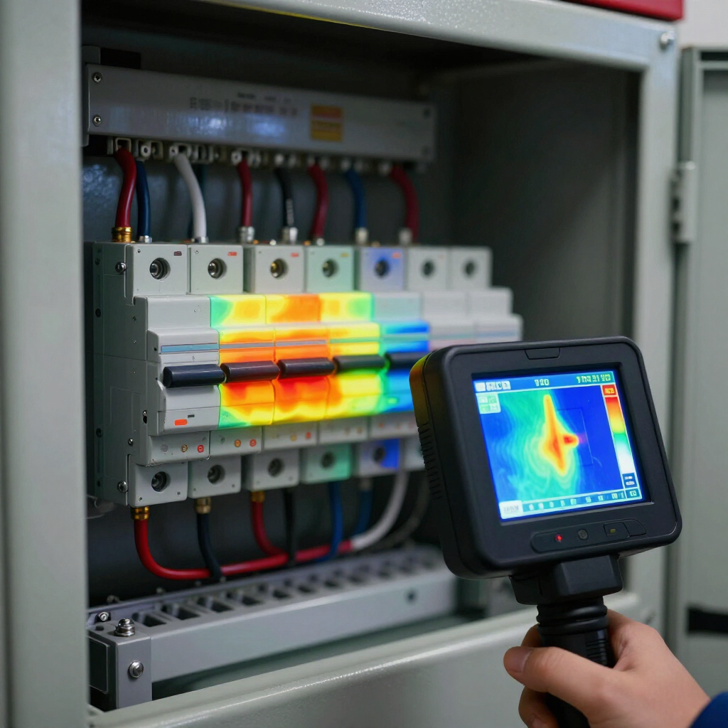 Una cámara térmica escanea un panel eléctrico, mostrando un mapa de calor brillante en los interruptores automáticos.
