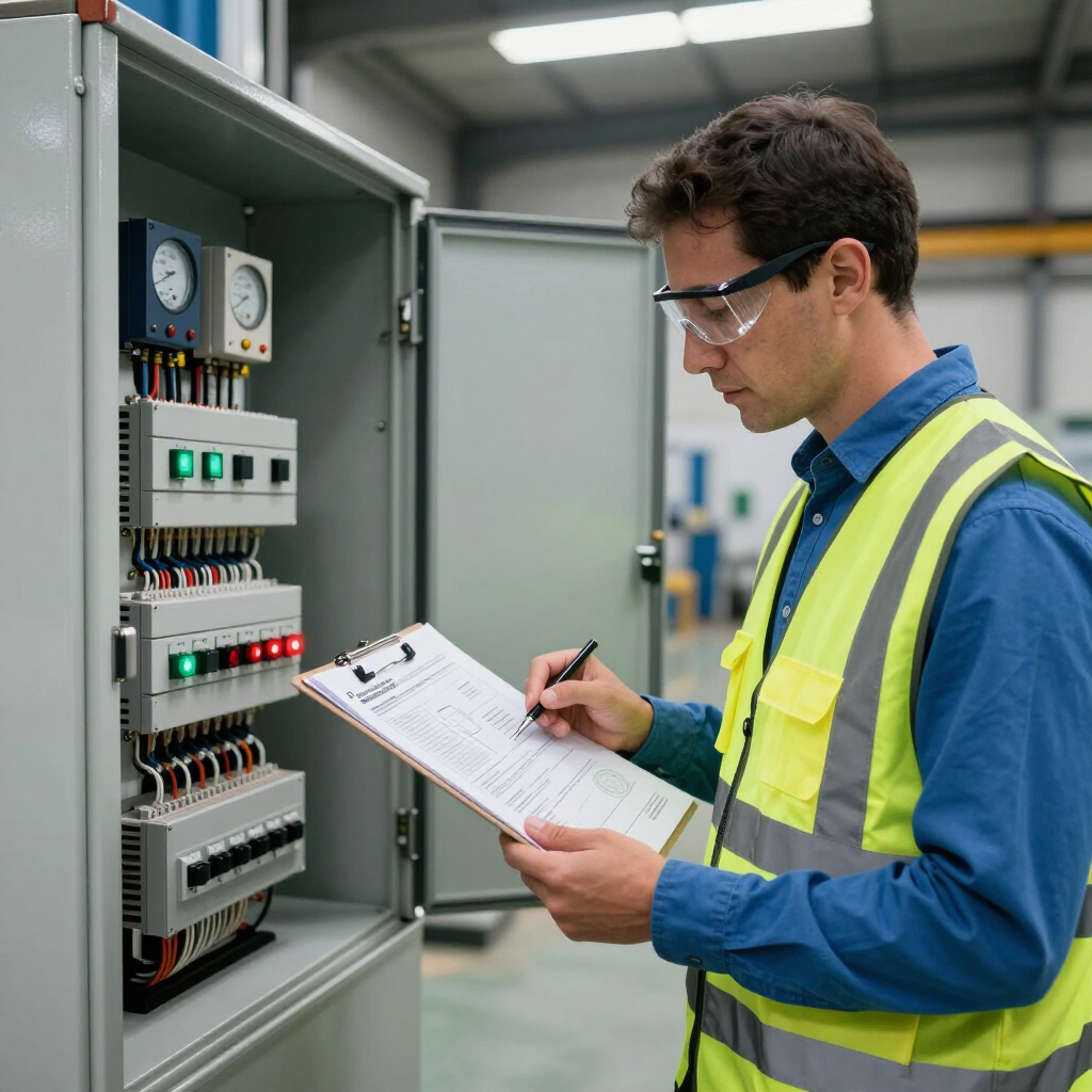 Técnico con chaleco de seguridad inspeccionando un panel de control eléctrico abierto con un portapapeles.