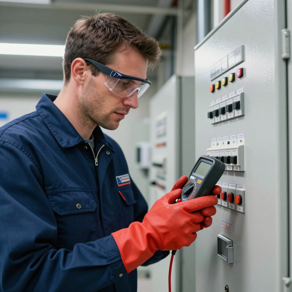 Técnico con mono azul y guantes rojos probando un panel de control eléctrico con un medidor portátil.